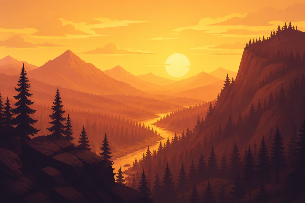 Stylized sunset forest wilderness landscape